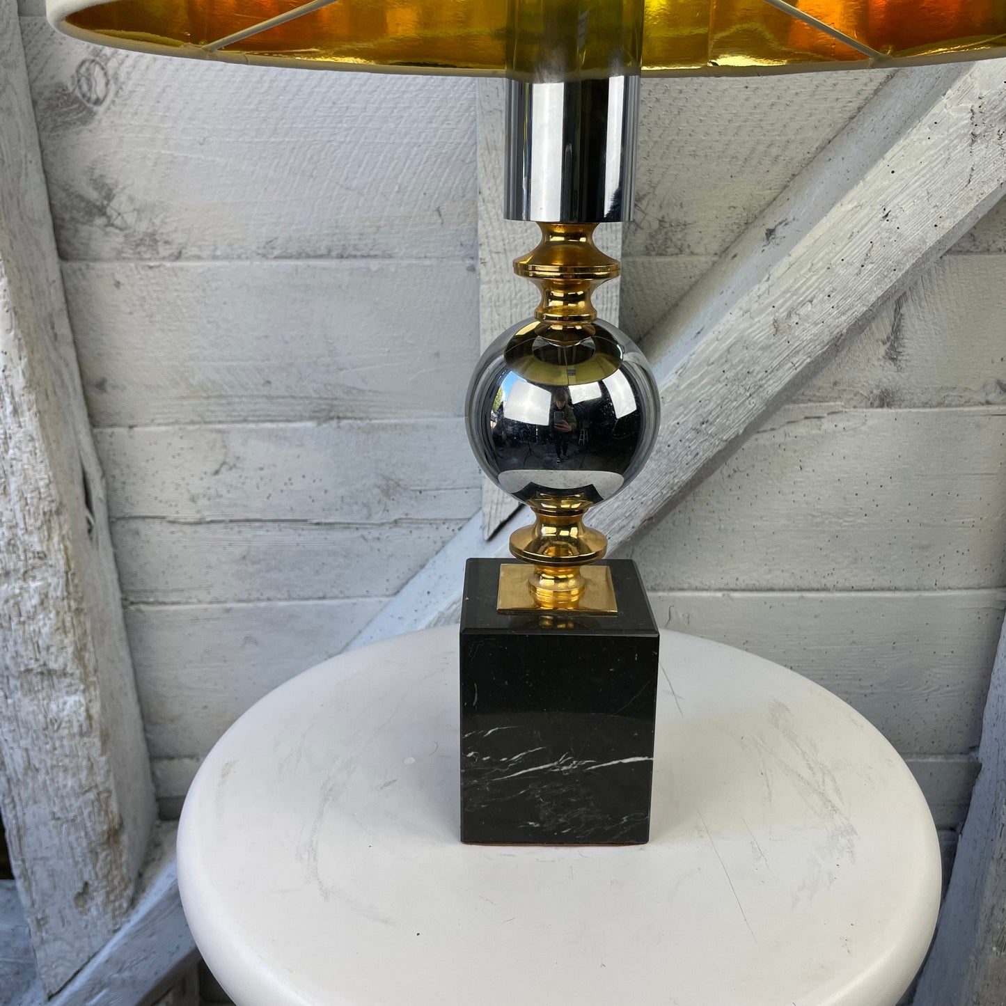 Vintage Mid Century Modern Hollywood Regency Chrome, Gold And Marble Table Lamp by Maison Barbier  1960 Small
