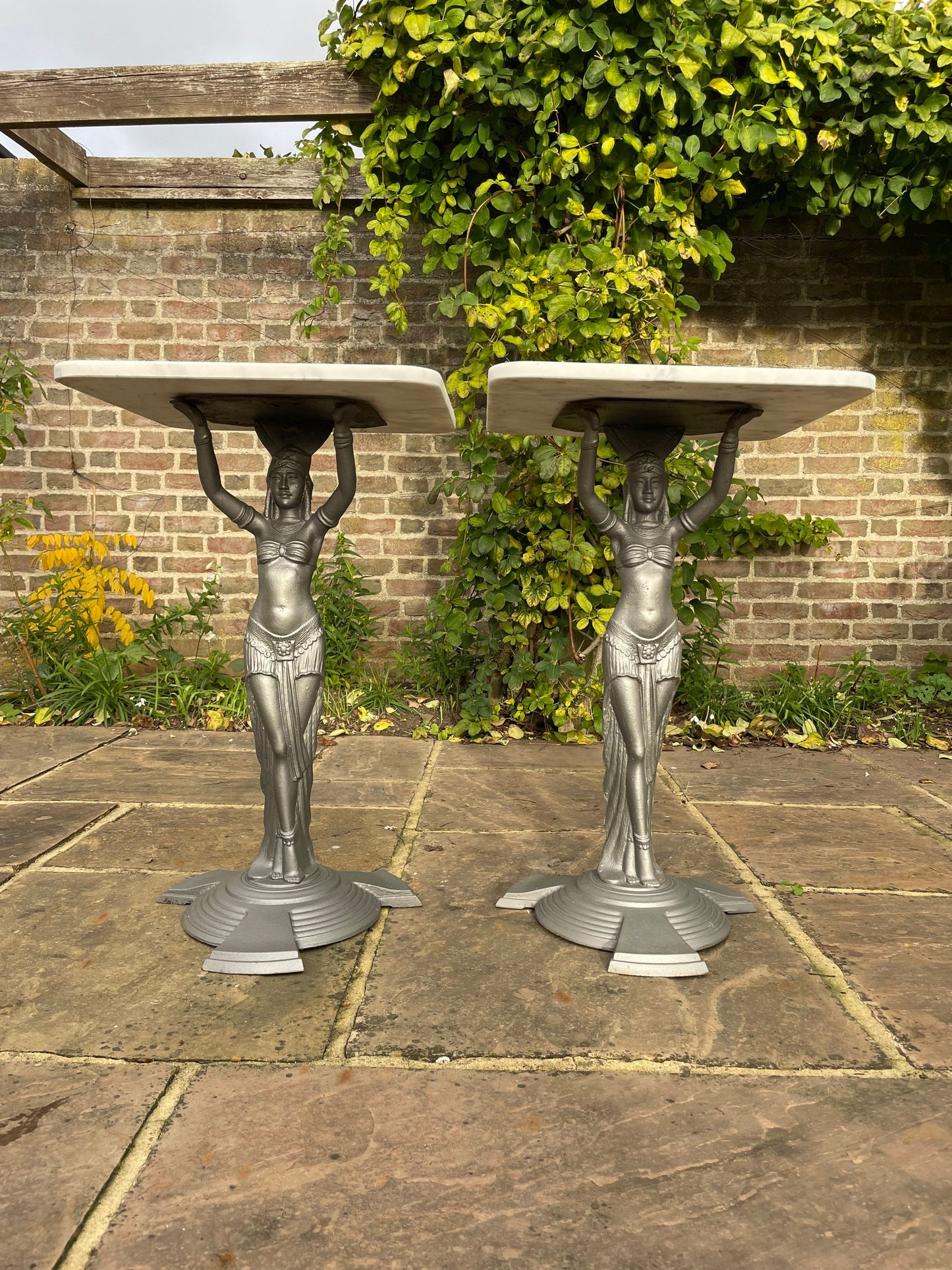 A Pair Of Art Deco, Hollywood Regency Marble Topped Occasional/Bistro Tables
