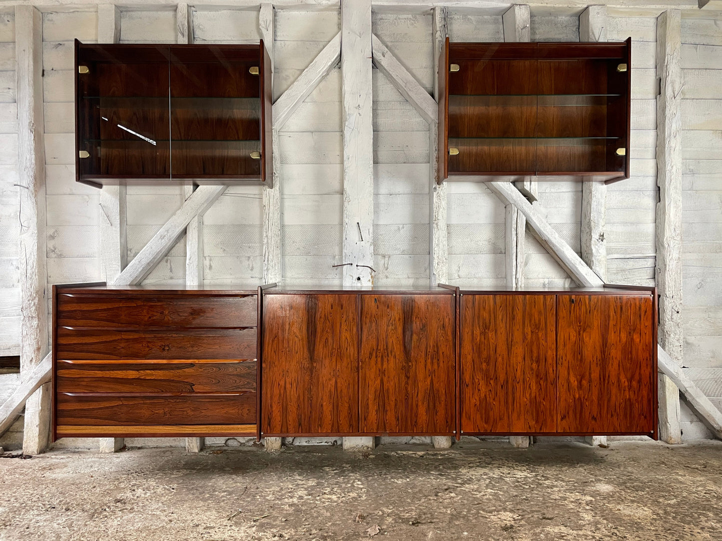 Floating/Wall-Mounted Rosewood Sideboard/Credenza and Glass Cabinets by Ib Juul Christensen Mid Century Modern Danish 1960s