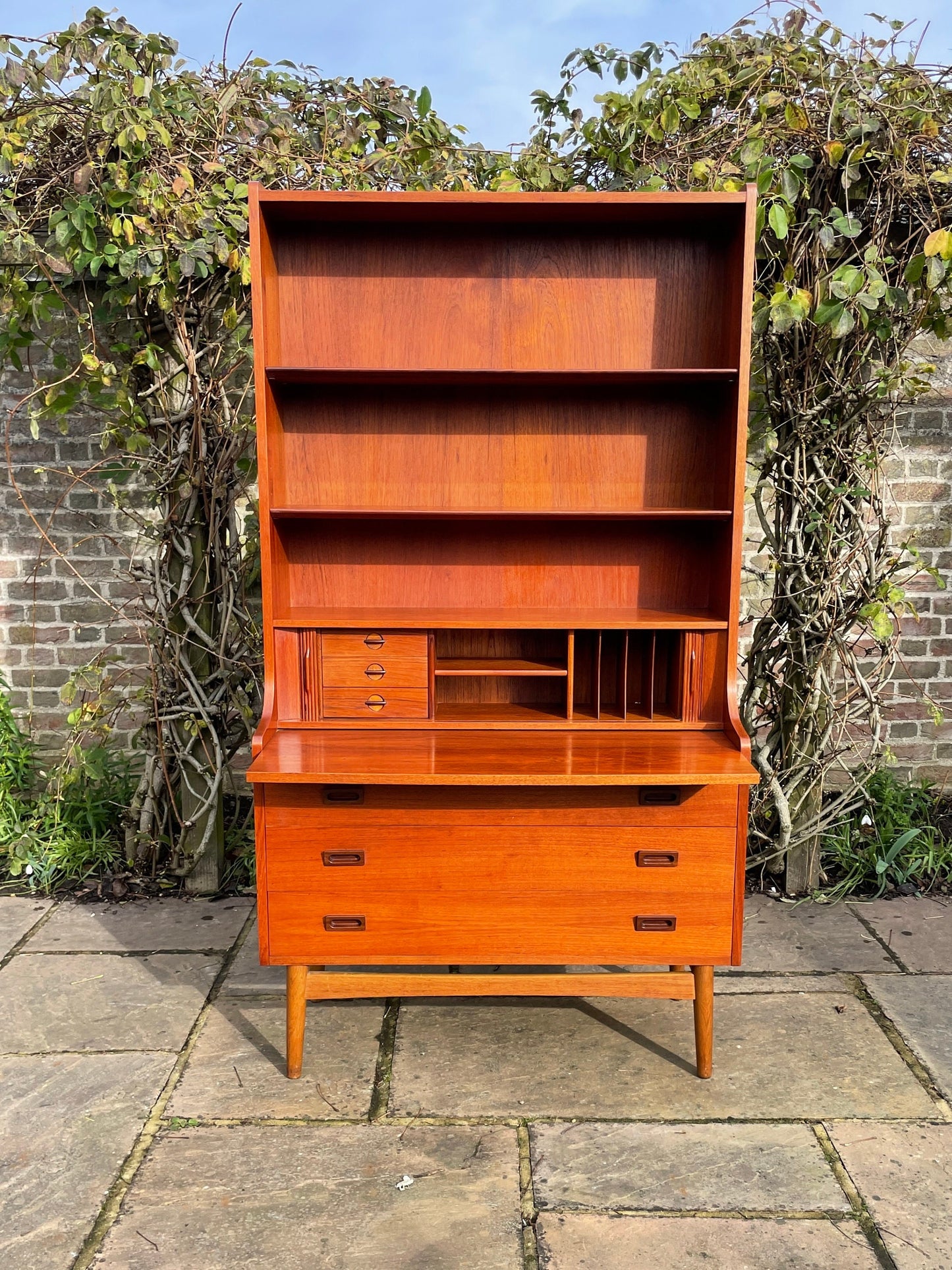 Teak Tambour Fronted Danish Secretaire Bureau With Pull Out Desk 1950's Mid Century Modern