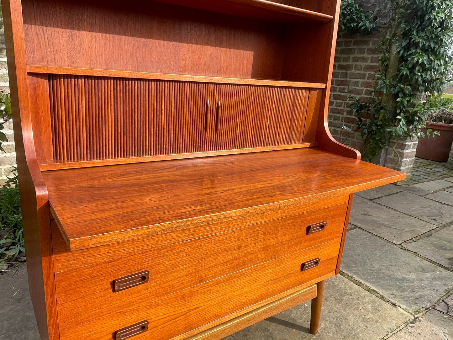 Teak Tambour Fronted Danish Secretaire Bureau With Pull Out Desk 1950's Mid Century Modern