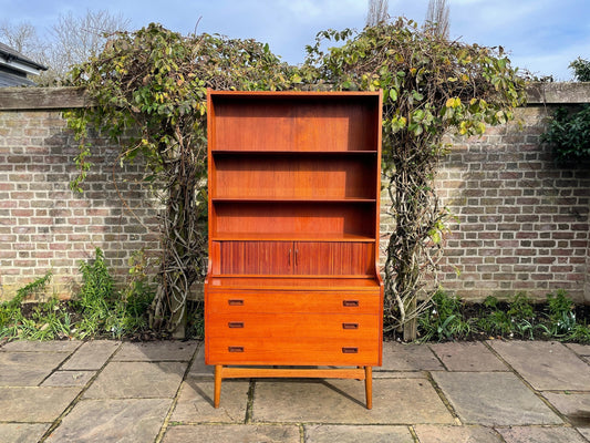 Teak Tambour Fronted Danish Secretaire Bureau With Pull Out Desk 1950's Mid Century Modern