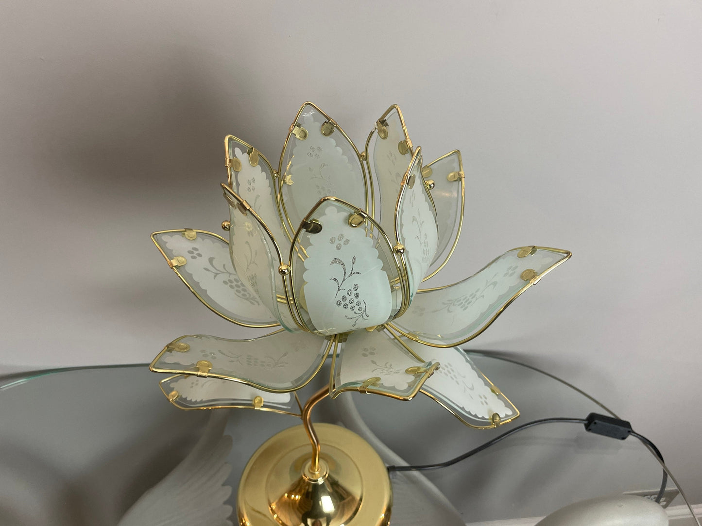 Shipping for Evgeniya**** Mid Century Modern Vintage Hollywood Regency White Glass Lotus Flower Table Lamp With A Slight Green Tinge
