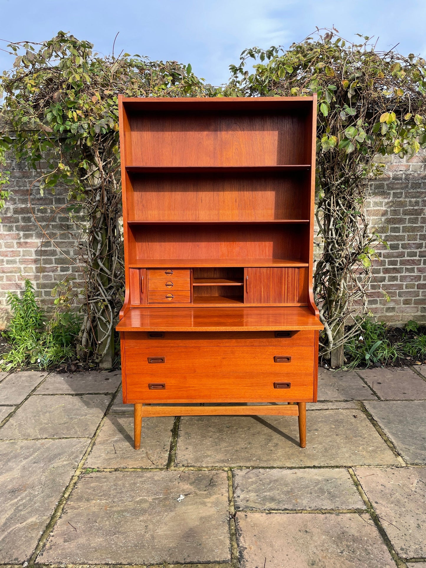 Teak Tambour Fronted Danish Secretaire Bureau With Pull Out Desk 1950's Mid Century Modern