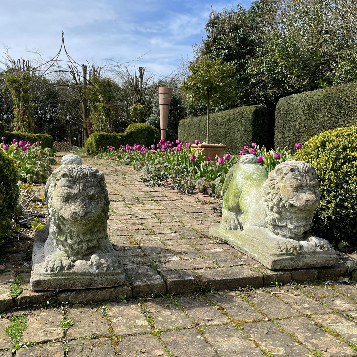 Reserved for Sharon ** Pair Of Fabulous Mid Century Modern Stone Garden Lions