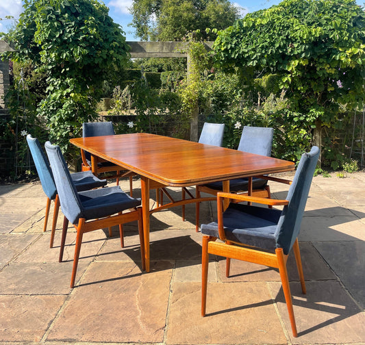 For Leah*** remaining amount, including taxes for fabric import, Teak Dining Suite by Robert Heritage for Archie Shine Comprising of a Hamilton Dining Table and 6 Hamilton Chairs Mid Century Modern 1950's