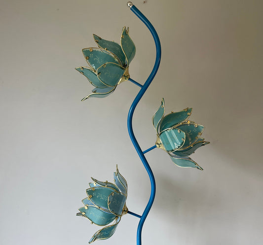 Mid Century Modern Vintage Hollywood Regency Blue Glass Lotus Flower Floor Lamp With Shelves