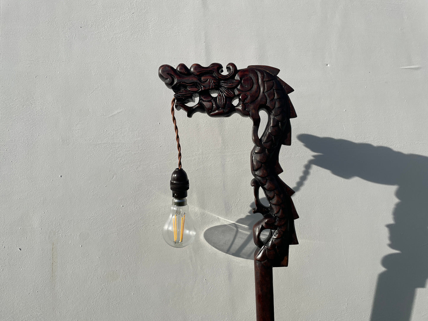Antique Hand Carved Hardwood Oriental Dragon Table Lamp 1920's