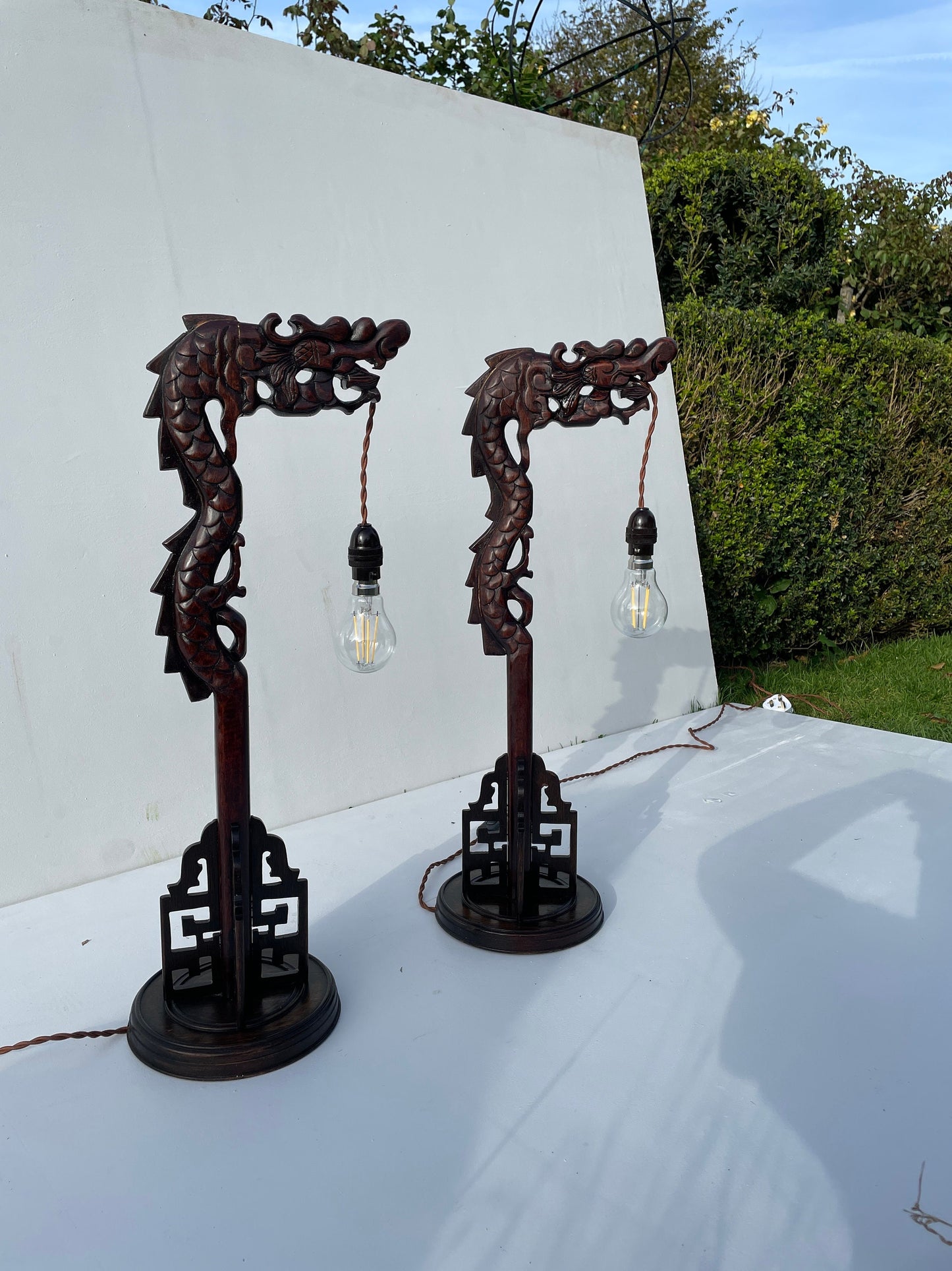 A Pair Of Antique Hand Carved Hardwood Oriental Dragon Table Lamps 1920's